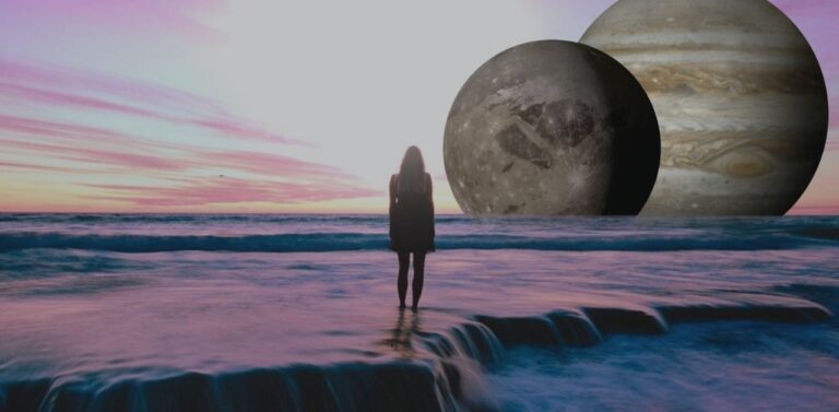 Girl walking in the water towards the universe