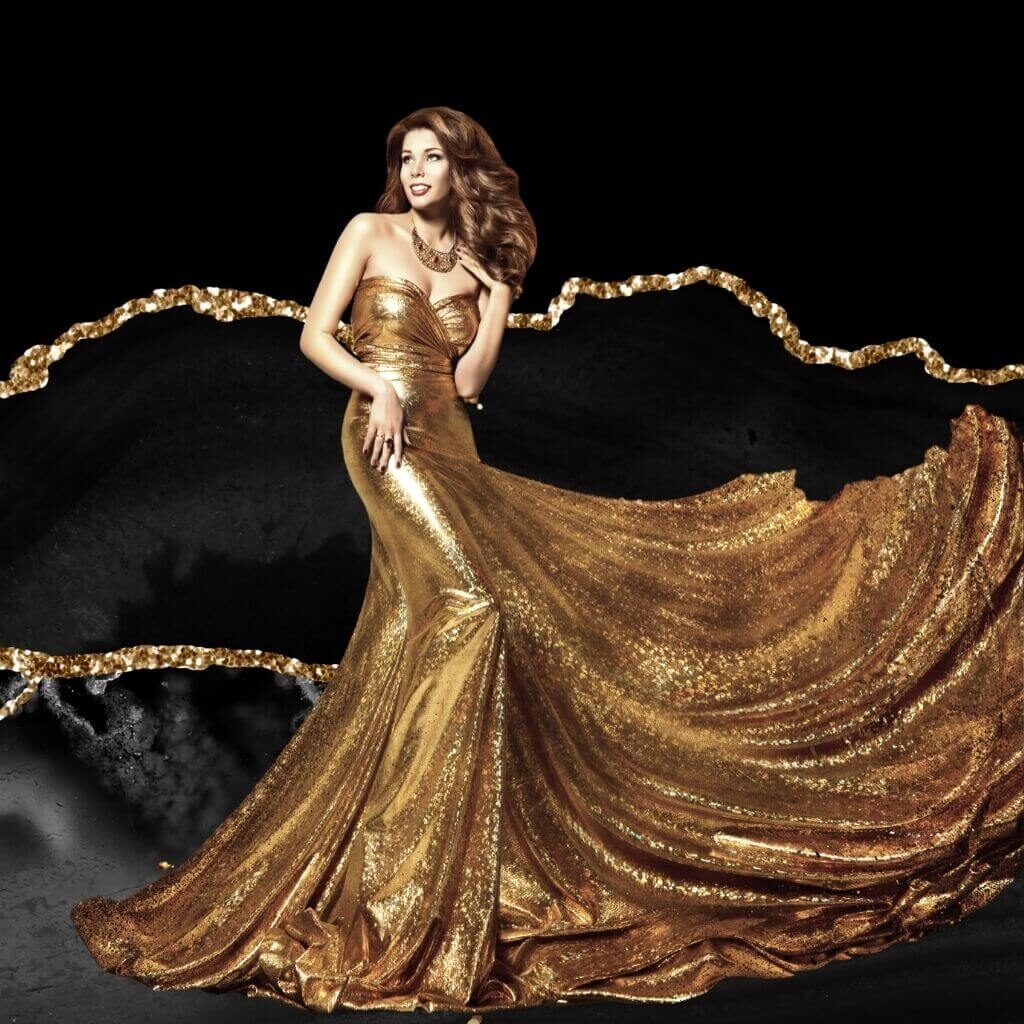 Beautiful Woman in Gold Formal Dress